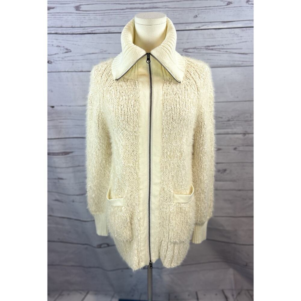 Anthropologie Ivory Zip Up Sweater Women Small Textured Cozy Knit Jacket